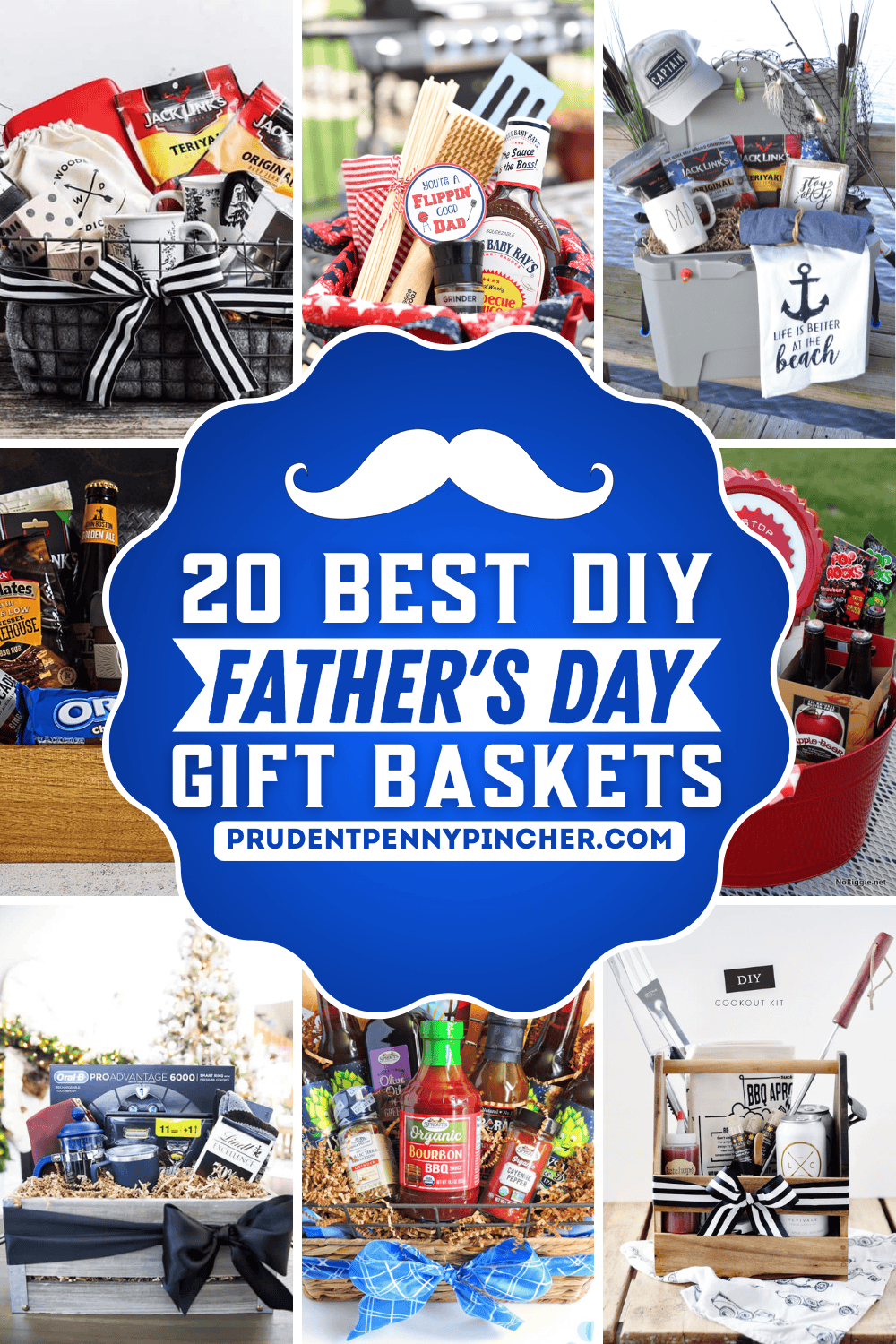 A collage of DIY Father's Day gift baskets featuring grilling kits, fishing-themed baskets, snack baskets, and tool totes.