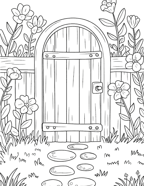Secret garden door coloring page surrounded by flowers and grass